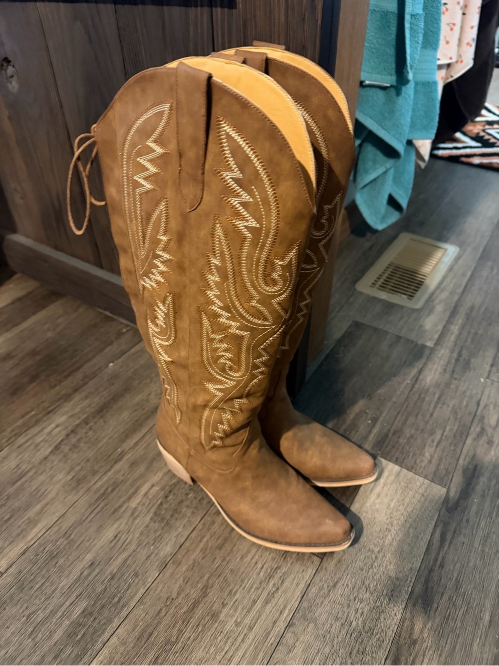 Brown Lace-Up Knee High Western Cowboy Boots Size 9